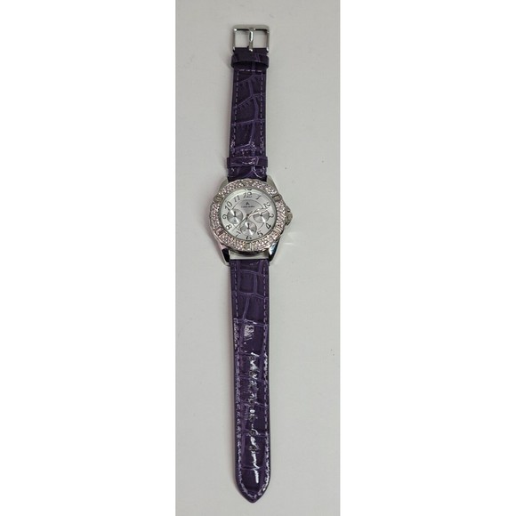 Louis Arden LA7258 Wrist Watch Purple Leather Band Crystal Bezel Japan Works! - Picture 6 of 16